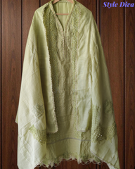 Cotton Linen Pakistani Style Crochet Lacing Semi-Stitched Suit with Linen Dupatta