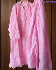 Cotton Linen Pakistani Style Crochet Lacing Semi-Stitched Suit with Linen Dupatta