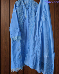 Cotton Linen Pakistani Style Crochet Lacing Semi-Stitched Suit with Linen Dupatta