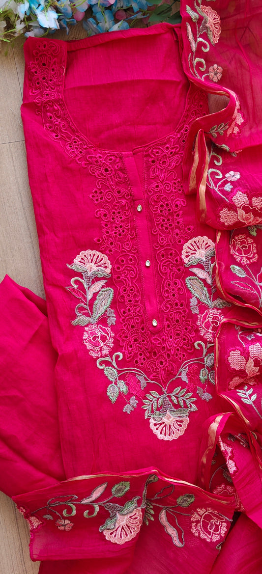 Mul cotton  Laser Cut & Thread Embroidery Unstitched Suit with Embroidered Dupatta