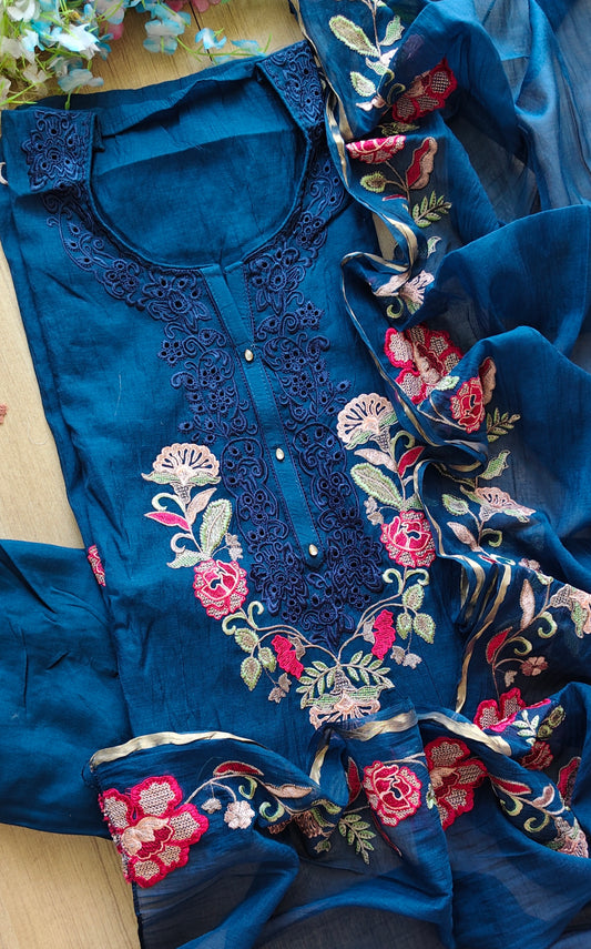 Mul cotton Laser Cut & Thread Embroidery Unstitched Suit with Embroidered Dupatta
