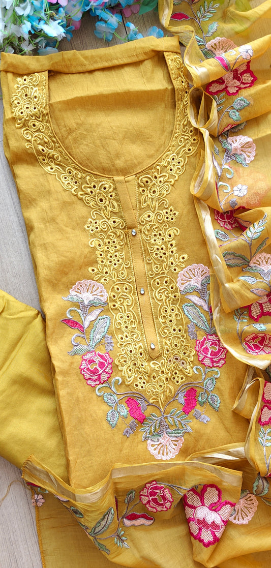 Mul Cotton  Laser Cut & Thread Embroidery Unstitched Suit with Embroidered Dupatta