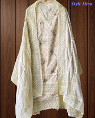 Pure Cotton Printed Crochet Lace Unstitched Suit with Cotton Dupatta