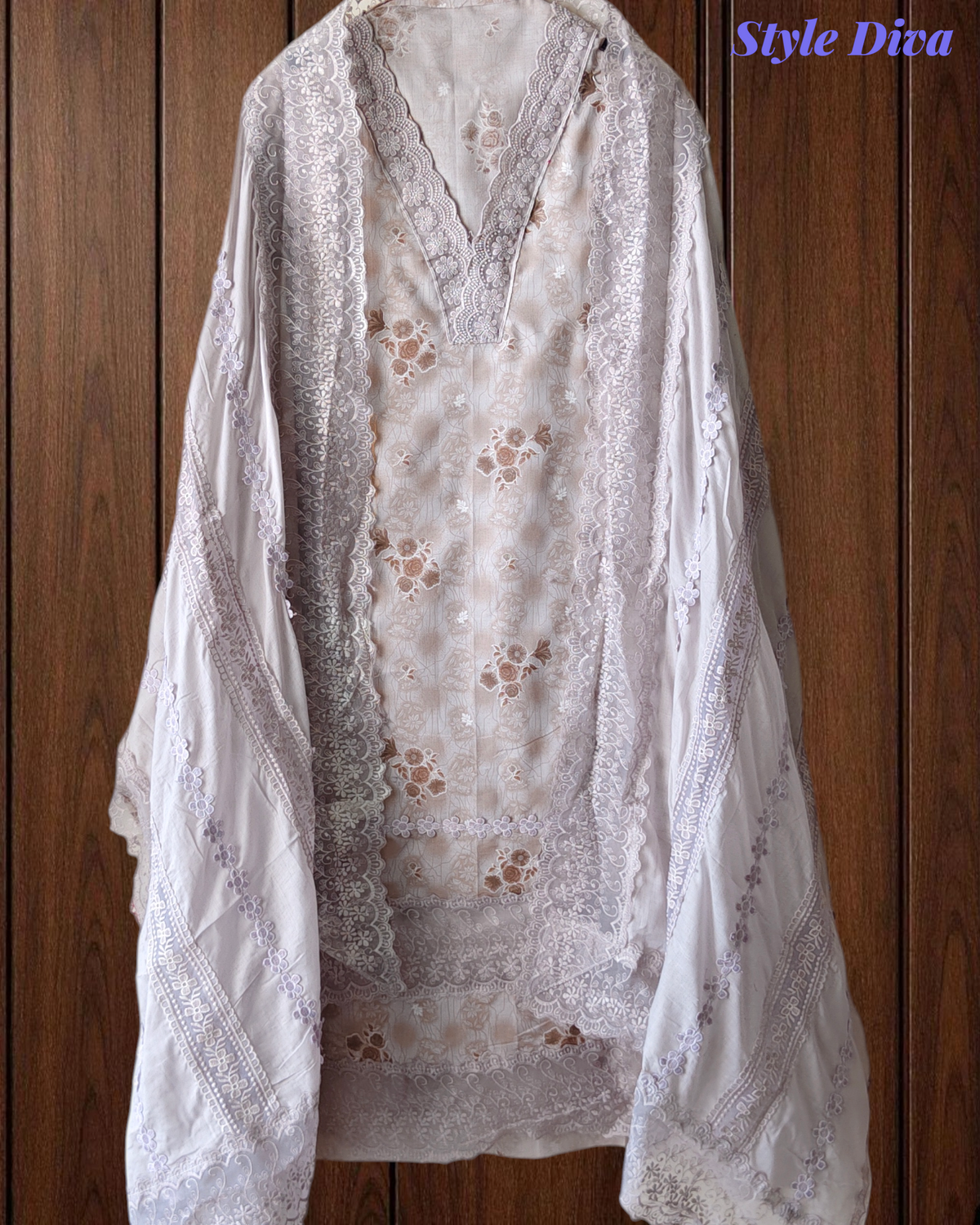 Pure Cotton Printed Crochet Lace Unstitched Suit with Cotton Dupatta