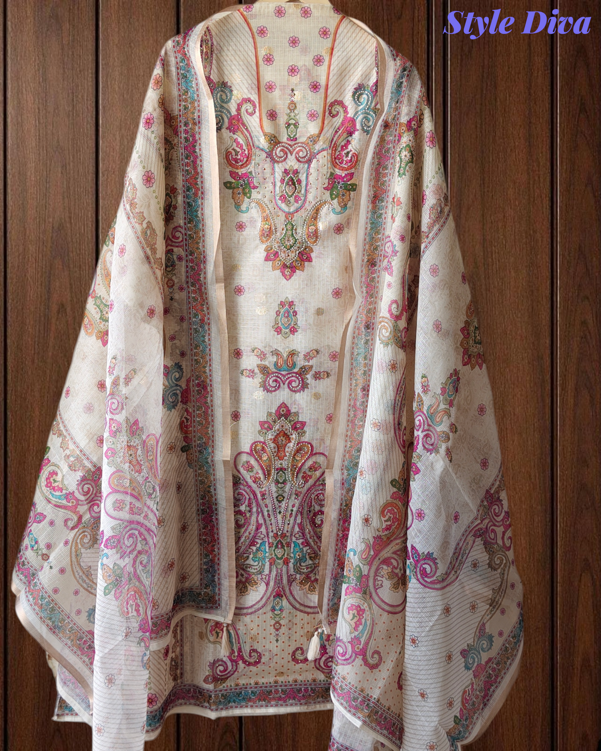 Elegant Kota Digital Print Unstitched Suit with Pearl Highlighting