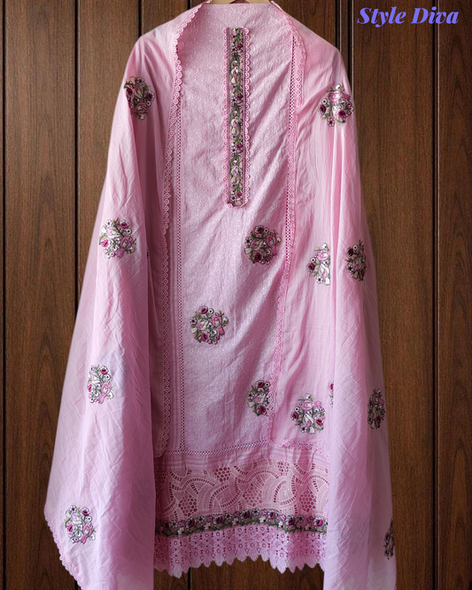 Pure Cotton Self Design Embroidery Unstitched Suit with Mul Cotton Dupatta