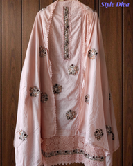 Pure Cotton Self Design Embroidery Unstitched Suit with Mul Cotton Dupatta
