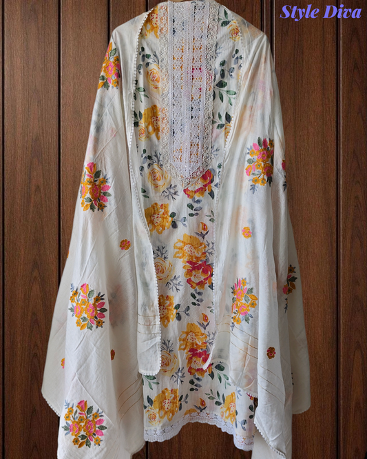 Pure Cotton Digital Print & Kantha Work Unstitched Suit with Kashmiri Embroidery Dupatta