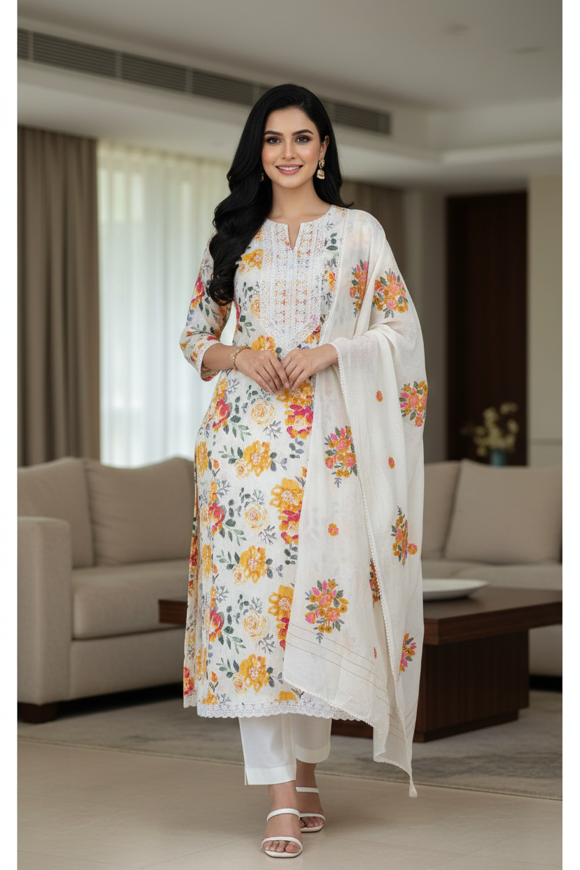 Pure Cotton Digital Print & Kantha Work Unstitched Suit with Kashmiri Embroidery Dupatta