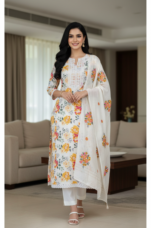 Pure Cotton Digital Print & Kantha Work Unstitched Suit with Kashmiri Embroidery Dupatta