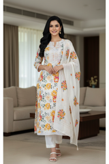 Pure Cotton Digital Print & Kantha Work Unstitched Suit with Kashmiri Embroidery Dupatta