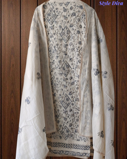Pure Cotton Embroidered Unstitched Suit with Crochet Lace Dupatta