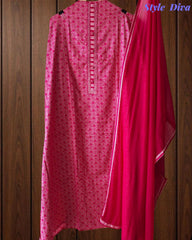 Pure Cotton Printed Unstitched Suit with Neck Work & Chiffon Dupatta