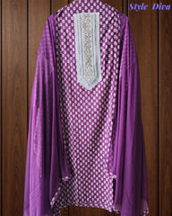 Pure Cotton Printed Unstitched Suit with Neck Work & Chiffon Dupatta
