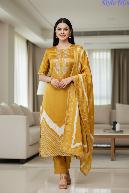 Premium Edit-Gajji Silk Digital Print Zari Embroidered Unstitched Suit with Border Dupatta