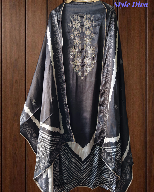 Premium Edit-Gajji Silk Digital Print Zari Embroidered Unstitched Suit with Border Dupatta