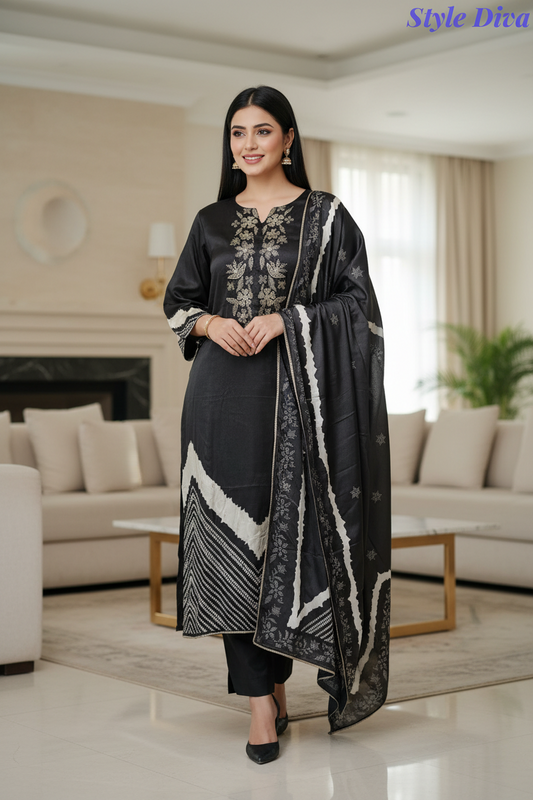Premium Edit-Gajji Silk Digital Print Zari Embroidered Unstitched Suit with Border Dupatta
