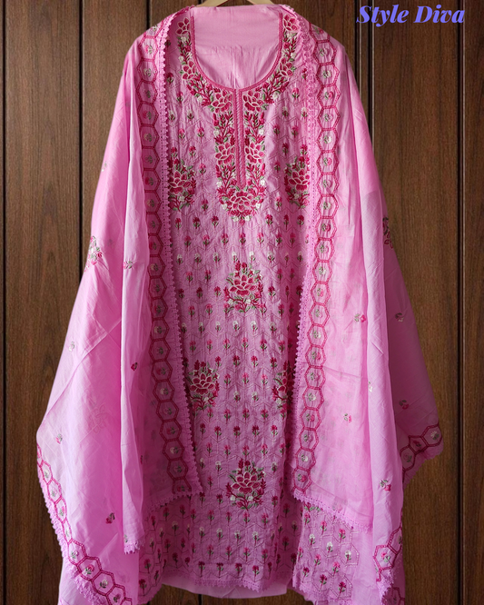 Premium Cotton Unstitched Suit with Parsi Embroidery Work