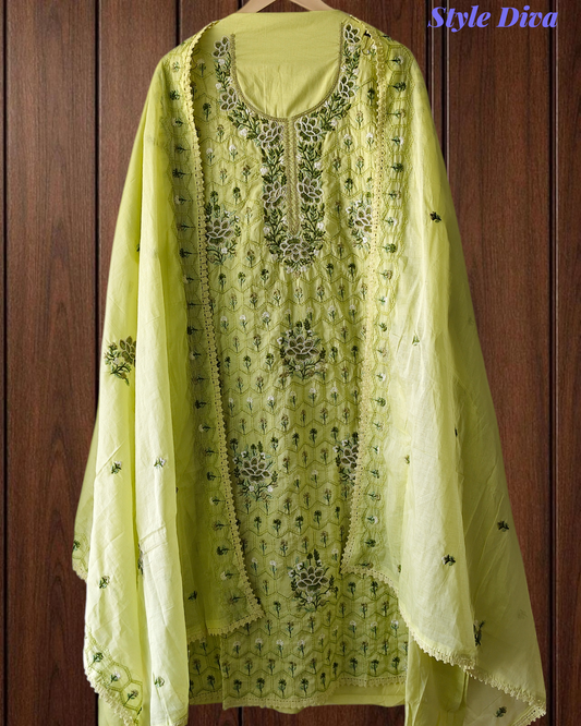 Premium Cotton Unstitched Suit with Parsi Embroidery Work
