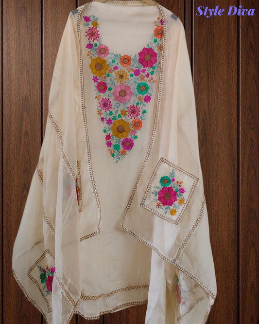 Organza Colorful Embroidery Un Stitched Suit with Jute & Crochet Lace and Matching Dupatta