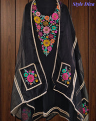 Organza Colorful Embroidery Un Stitched Suit with Jute & Crochet Lace and Matching Dupatta