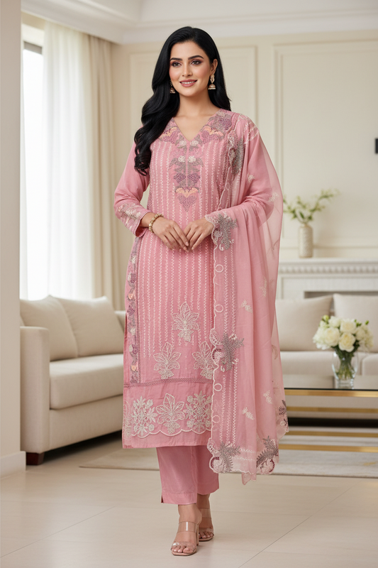 Designer - Organza Embroidery Un Stitched Suit with Crochet Lace Dupatta
