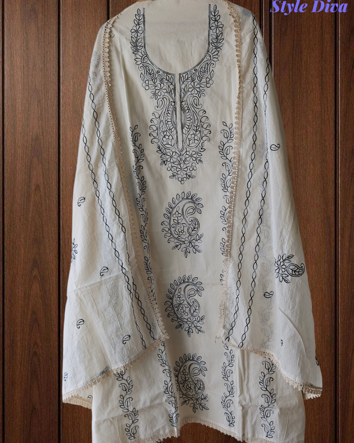 Pure Cotton Unstitched Suit with Kashmiri Aari Embroidery and Lacing Detail