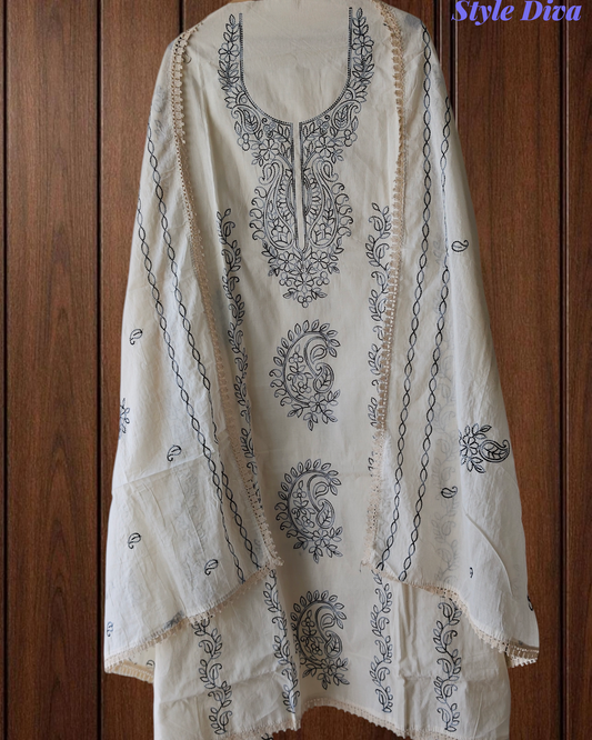 Pure Cotton Unstitched Suit with Kashmiri Aari Embroidery and Lacing Detail