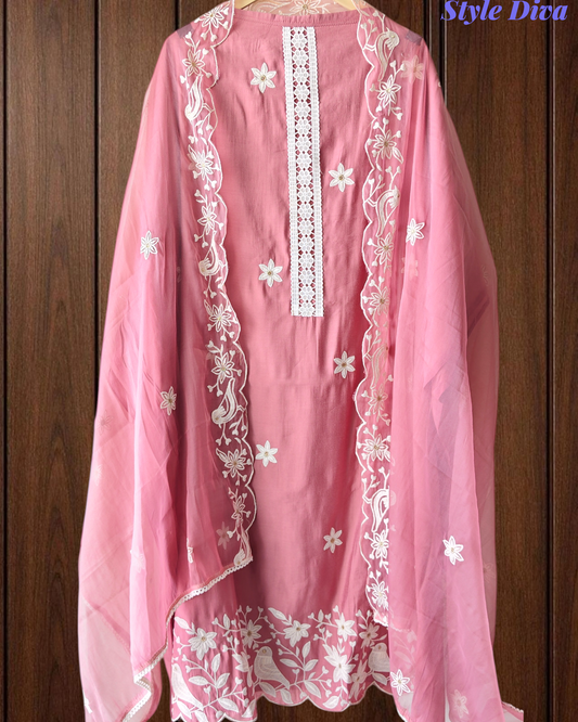 Modal Embroidered Unstitched Suit with Organza Dupatta and Crochet Lace Detailing