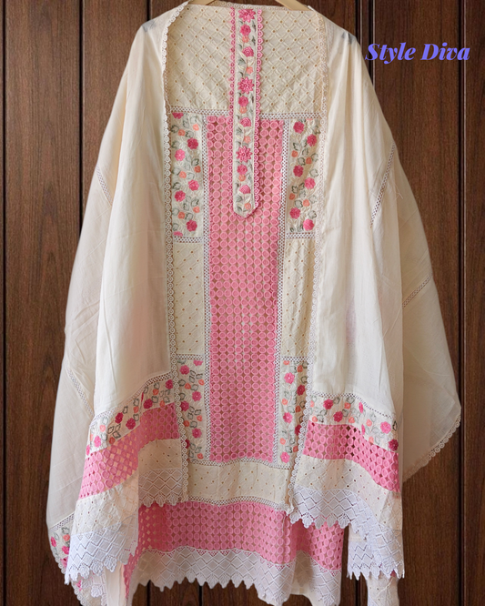 Summer Special- Pure Cotton Crochet Lacing & Embroidered Pakistani Style Unstitched Suit
