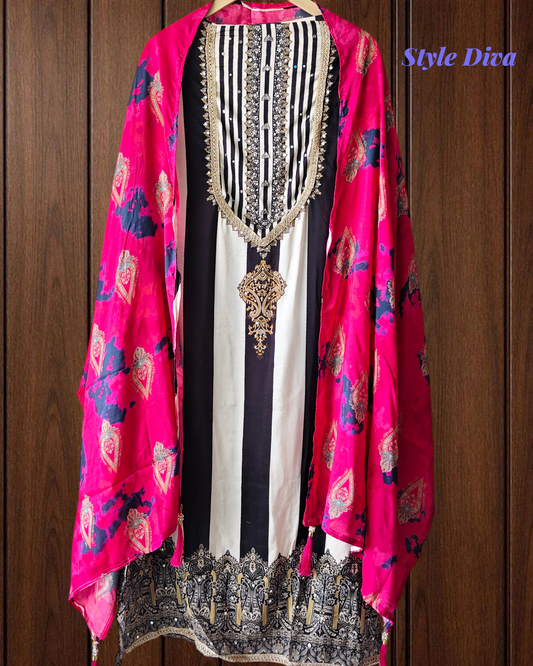 Muslin Mirror Work Semi-Stitched Suit with Digital Print Dupatta