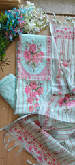 Linen Digital Print Unstitched Suit Set  with Pearl Highlighting