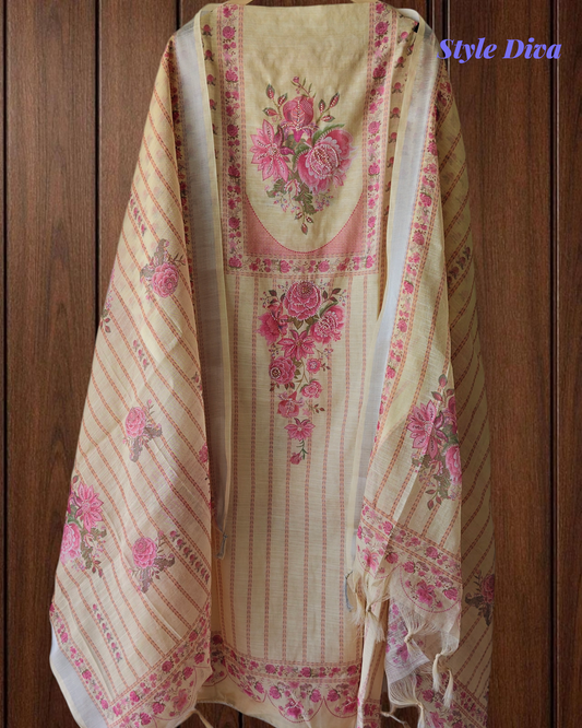 Linen Digital Print Unstitched Suit Set  with Pearl Highlighting