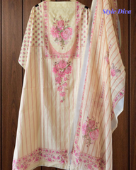 Linen Digital Print Unstitched Suit Set  with Pearl Highlighting