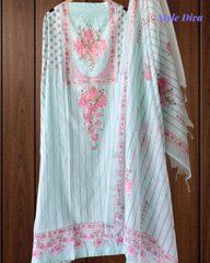 Linen Digital Print Unstitched Suit Set  with Pearl Highlighting