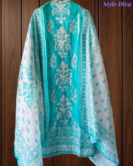 Linen Digital Print Zari & Sequin Highlighted Unstitched Suit with Cotton Linen Dupatta