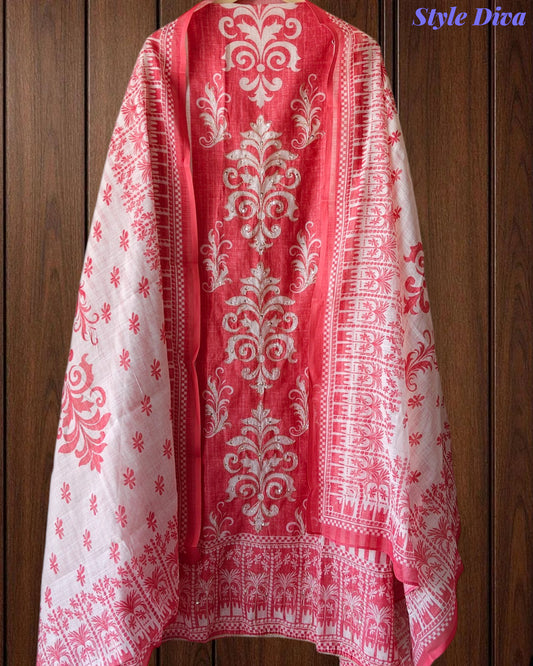 Linen Digital Print Zari & Sequin Highlighted Unstitched Suit with Cotton Linen Dupatta