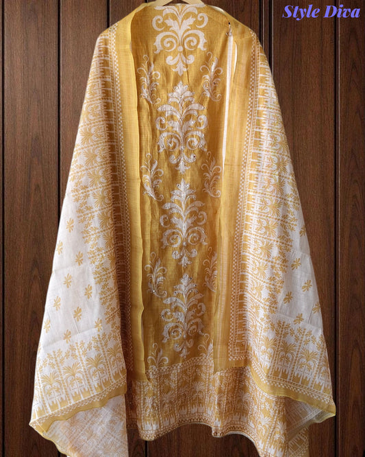 Linen Digital Print Zari & Sequin Highlighted Unstitched Suit with Cotton Linen Dupatta