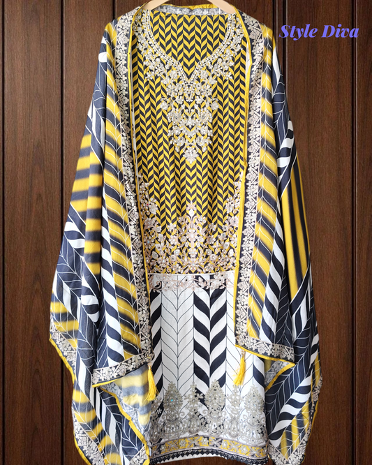 Muslin Mirror Work Semi-Stitched Suit with Digital Print Dupatta