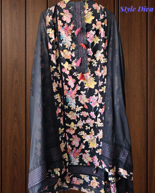 Pure Cotton Kantha Work and Crochet Lace Unstitched Suit with Mul Dupatta