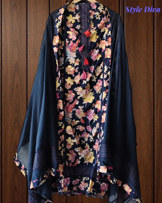 Pure Cotton Kantha Work and Crochet Lace Unstitched Suit with Mul Dupatta