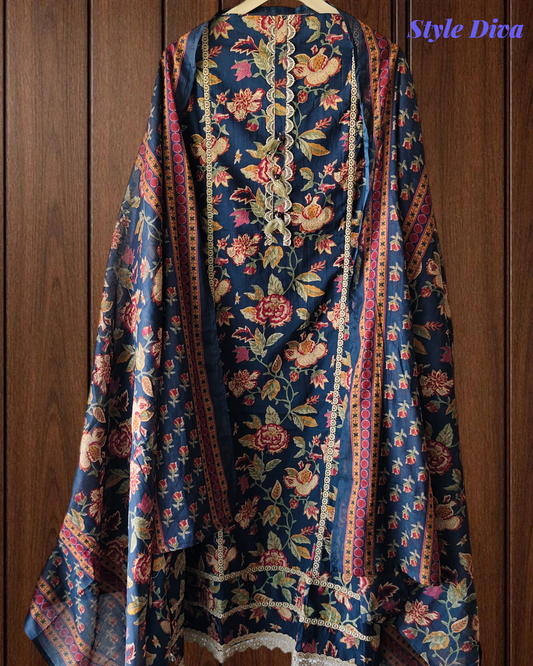 Pure Cotton Printed Unstitched Suit with Crochet Lacing and Mul Cotton Dupatta