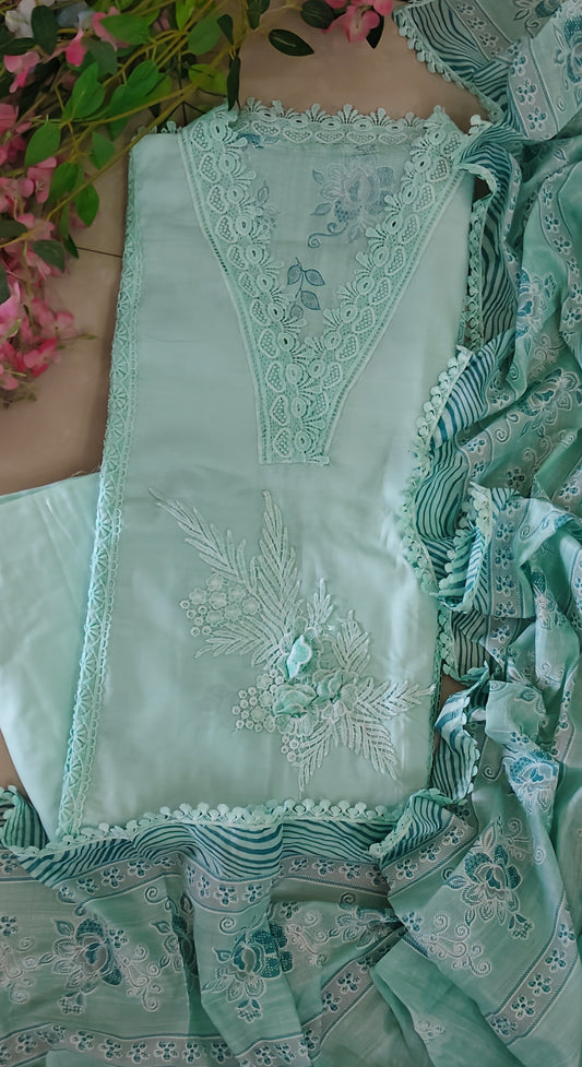 Cotton Printed Suit Set with Crochet Lacing & 3D Texture Work