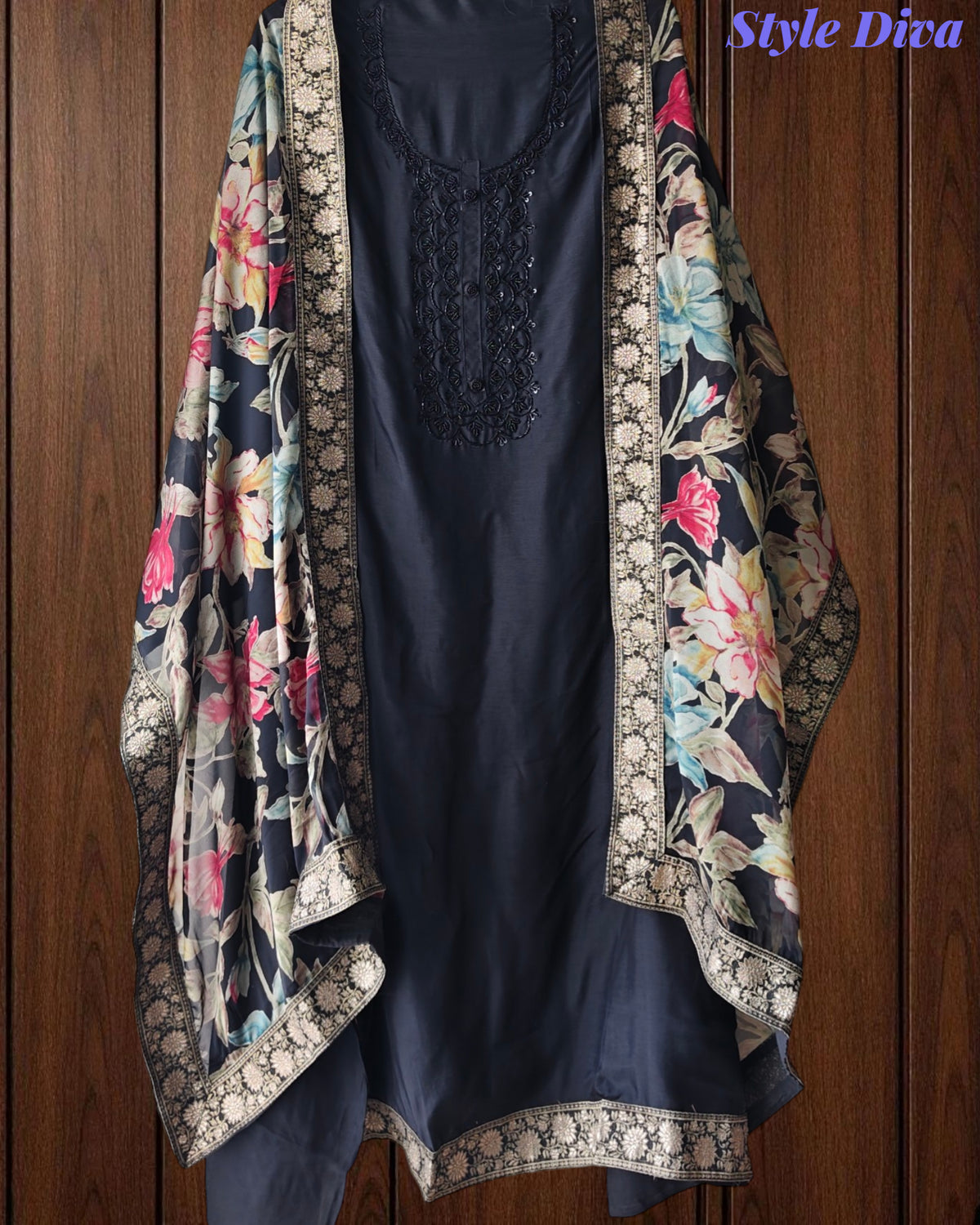 Black Beauty - Upara Silk Hand Work Un Stitched Suit with Banarasi Border Dupatta