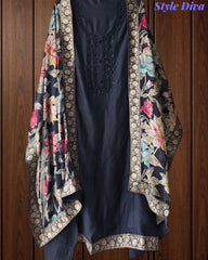 Black Beauty - Upara Silk Hand Work Un Stitched Suit with Banarasi Border Dupatta