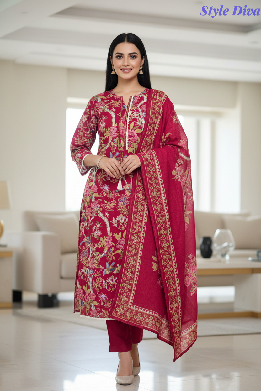 Pure Cotton Neck Work Un Stitched Suit with Digital Print Mul Cotton Dupatta