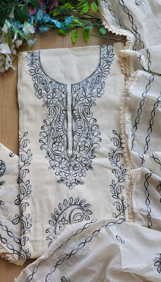 Pure Cotton Unstitched Suit with Kashmiri Aari Embroidery and Lacing Detail