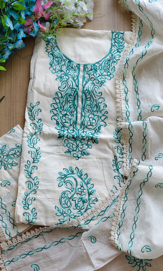 Pure Cotton Unstitched Suit with Kashmiri Aari Embroidery and Lacing Detail