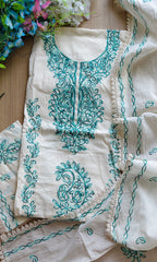 Pure Cotton Unstitched Suit with Kashmiri Aari Embroidery and Lacing Detail