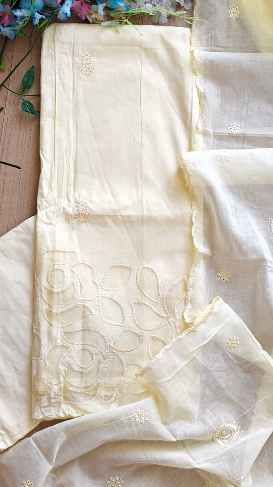 Cotton Laser Cut & Embroidered Unstitched Suit with Scalloped Dupatta (3 Pc Set)
